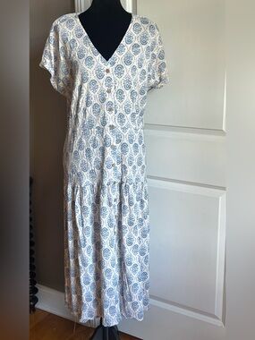 Lucky Brand White and Blue Printed Button-Front Midi Dress